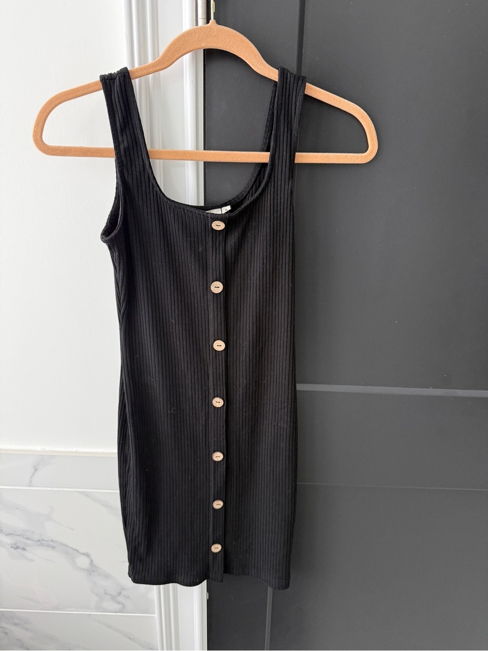 Black Ribbed Button-Front Mini Dress - Sleek Tank Style